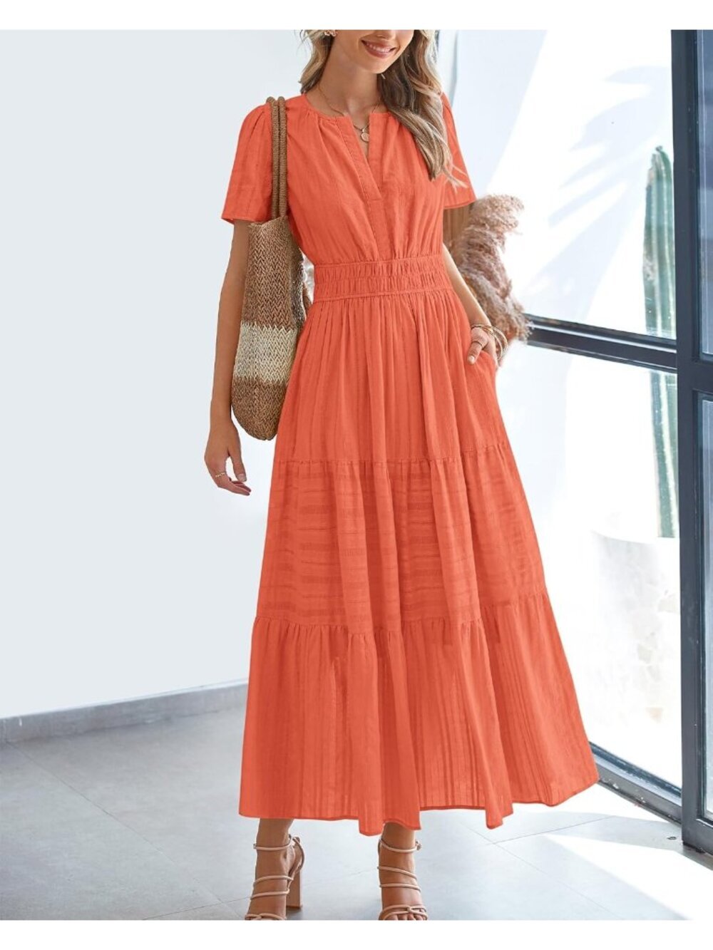〽️Women's Orange Lightweight Short Sleeve V Neck Elastic Waist Maxi Dresses